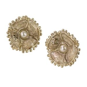 CHANEL Gold Pearl Logo Earrings